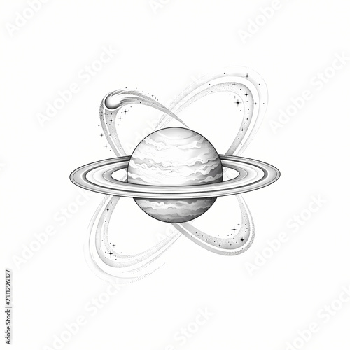 Stylized Saturn with cosmic arcs tattoo