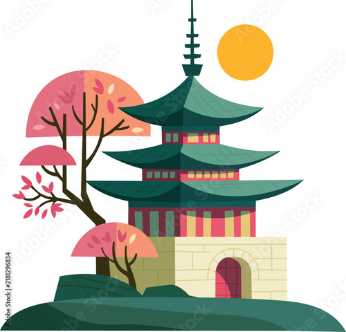 Traditional Asian Pagoda with Cherry Blossoms and Full Moon Vector Illustration