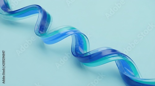 A translucent, helical 3D glass ribbon structure diagonally spanning the frame.