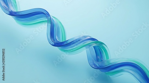 Elegant 3D translucent helical glass wave in vibrant shades of cyan flowing diagonally across light blue space.