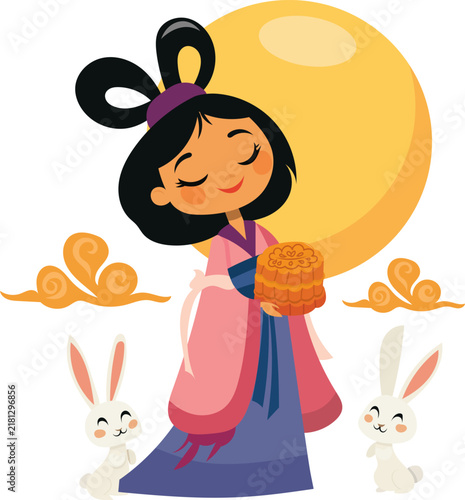 Chang'e Moon Goddess with Mooncake and Jade Rabbits Vector Illustration