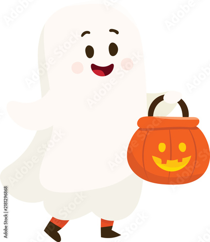 Cute Ghost Trick or Treating with Pumpkin Bucket Vector Illustration