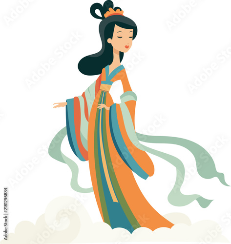 Traditional Chinese Goddess on Clouds Vector Illustration