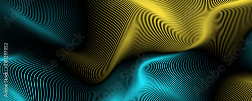 3D blue yellow lines abstract background in dark space with waves effect decoration. Modern graphic design element glowing stripes style concept for web, art, poster, flyer, card or brochure cover