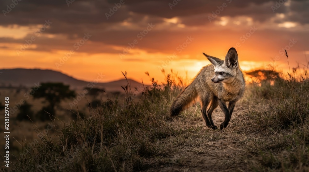 Obraz premium Bat-eared Fox at Sunset: A solitary bat-eared fox with its characteristic large ears walks through dry grass during a vibrant sunset. The warm, golden light illuminates the African savanna landscape.
