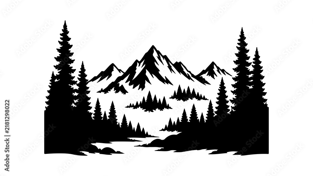 Obraz premium Mountain Range with Pine Forest Silhouette Illustration