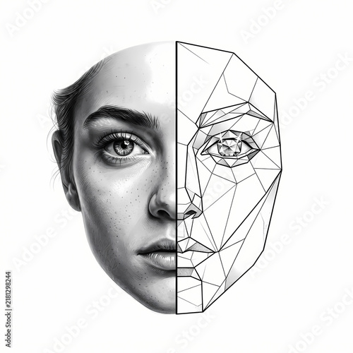 Realistic and polygonal split face tattoo