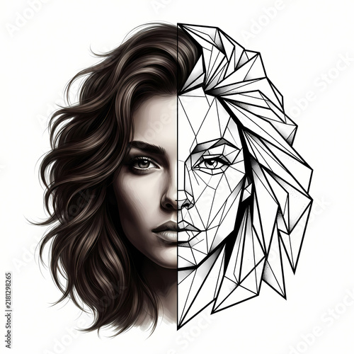 Split portrait realism and abstract geometry tattoo