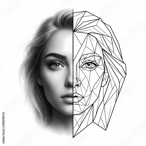 Split portrait realism and geometry tattoo