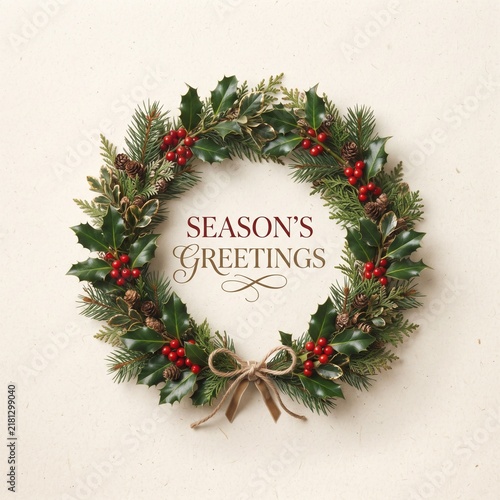 Season's Greetings Christmas wreath with pine branches, holly berries, pine cones and a rustic bow on a warm ivory background