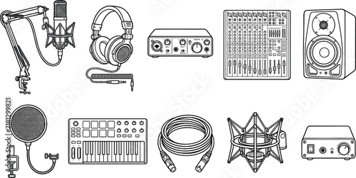 Cuadro en lienzo Audio Recording Studio and Podcast Equipment Icon Set with Microphone, Headphone