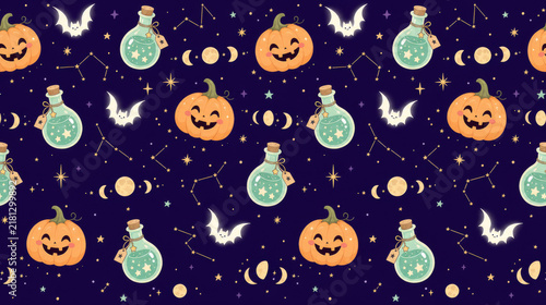 Seamless Pastel Halloween Pattern with Smiling Pumpkins, Magic Potion Bottles, White Glowing Bats, and Constellations on Dark Background