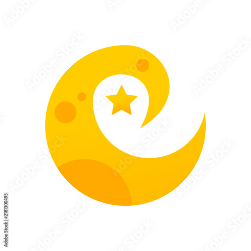 Yellow crescent moon swirl with star night halloween icon vector design