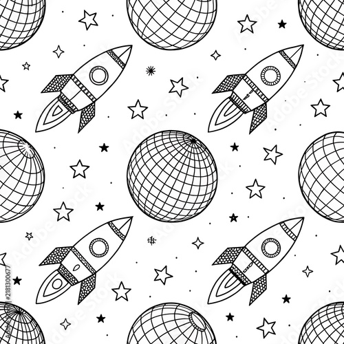 Space rockets and planets repeating vintage pattern illustration