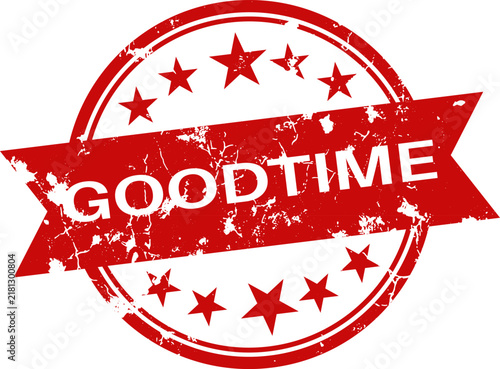 Vintage style red rubber stamp with the text goodtime surrounded by stars and a banner design