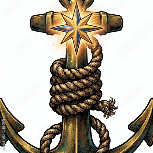 Anchor with glowing compass star tattoo