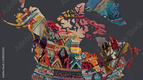 Abstract mosaic map of North America with vibrant cultural patterns and textured scales