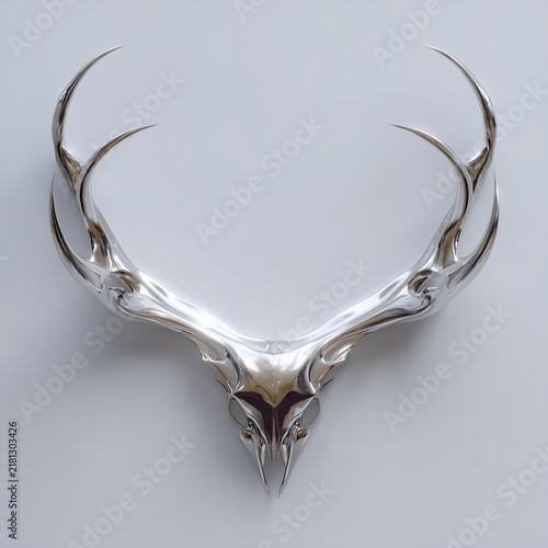Sleek Chrome Antlered Skull Sculpture on Minimalist White Background