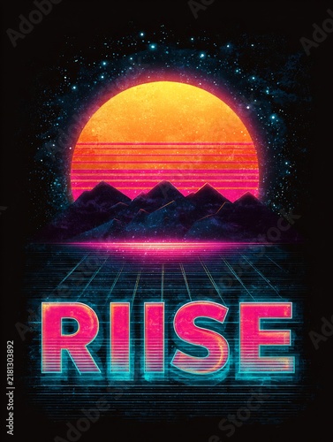 Synthwave retro futuristic landscape with neon sun, mountains, grid, and 