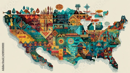 Vibrant abstract mosaic map of the United States, depicting diverse cultural, natural, and urban elements in a geometric folk art style.