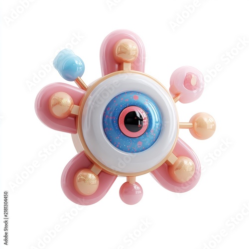 Abstract 3D eye and flower concept illustration with glossy pink, blue, and gold elements on a white background, symbolizing innovation.
