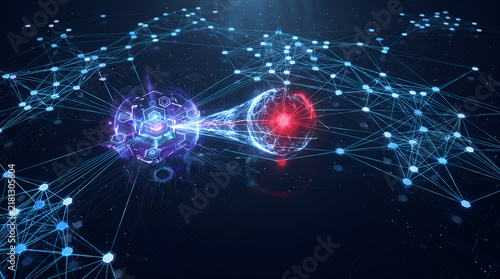 Futuristic digital network visualization with glowing interconnected nodes and a central energy core representing artificial intelligence and global data transfer technology.