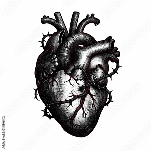 Artistic anatomical heart with thorns tattoo
