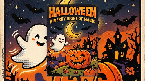 Vintage style halloween poster with cheerful ghost and jack o lantern in front of spooky silhouette mansion.