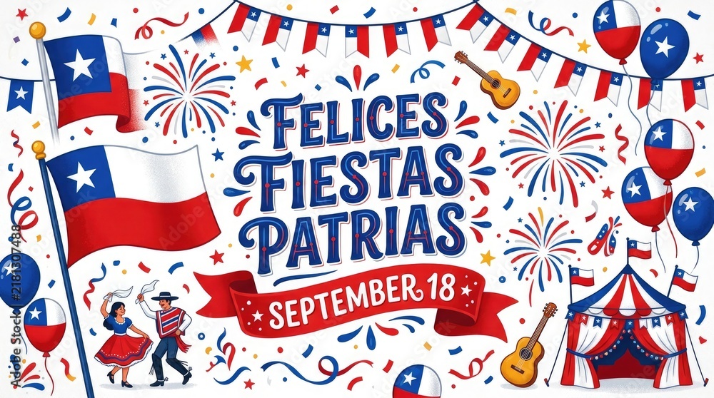 Naklejka premium Felices fiestas patrias chile celebration background with flags and traditional elements