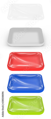 FOOD TRAY MOCKUP SET ISOLATED ON WHITE BACKGROUND. BLANK PLASTIC FOOD CONTAINER WITH TRANSPARENT STRETCH WRAP FILM PACKAGING TEMPLATE. RED, BLUE, GREEN, AND WHITE STYROFOAM MEAT TRAYS TOP VIEW 