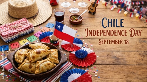 Chile independence day celebration with traditional empanadas, chilean flag, and festive decorations