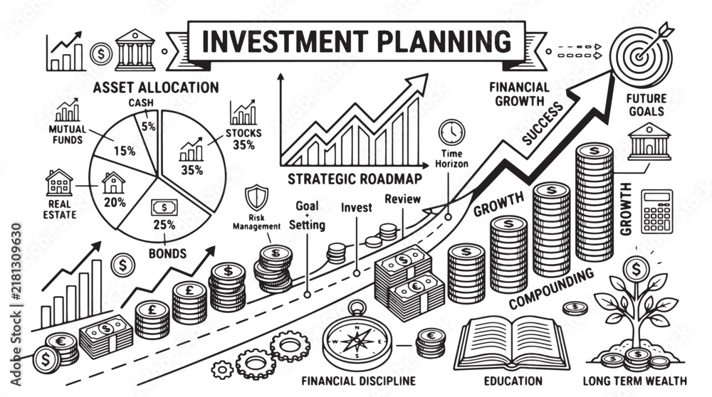 Fototapeta premium Investment planning doodle vector, financial growth strategic roadmap, asset allocation and wealth management infographic isolated on White Background