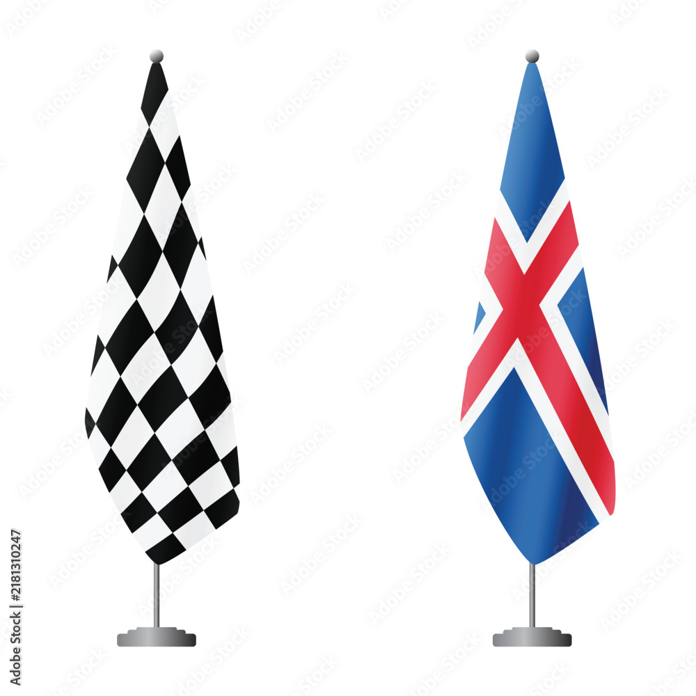 Obraz premium Checkered and Iceland flags on flagpoles for official ceremonies and meetings, transparent background vector
