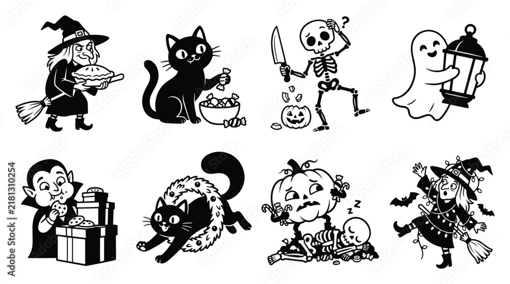 Obraz premium Halloween icons set with witch skeleton ghost vampire cat pumpkin and more