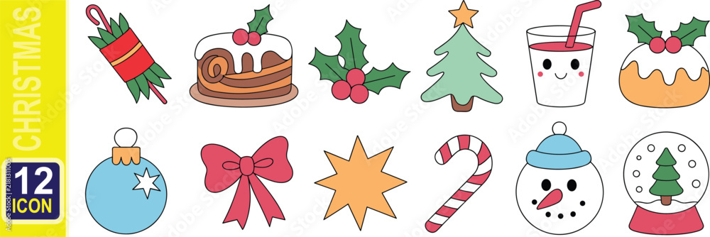 Fototapeta premium Cute hand drawn Christmas icon set with cake holly tree drink ornament bow candy cane snowman