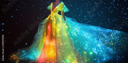 Glowing rainbow ball gown with sparkling lights on a dark background for fantasy fashion.
