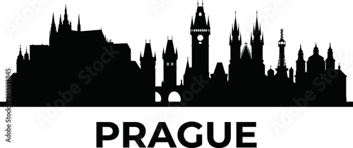 Black and white prague skyline silhouette illustration