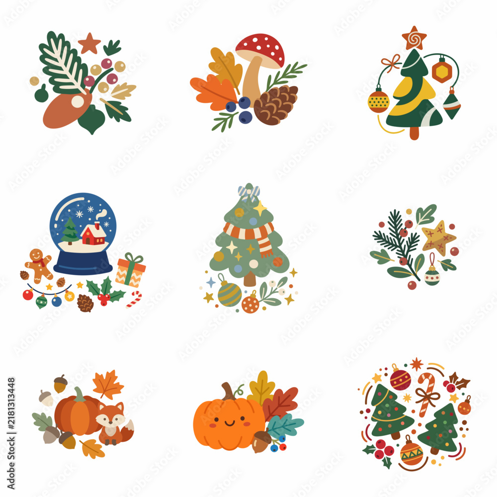Fototapeta premium Autumn and Christmas Flat Vector Icon Collection
