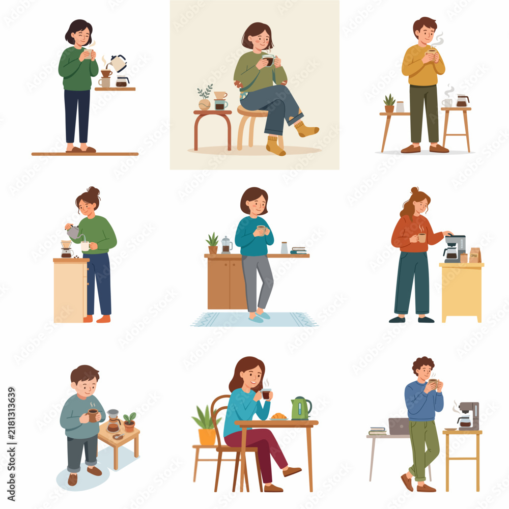 Fototapeta premium Flat vector set of characters making and enjoying coffee at home.