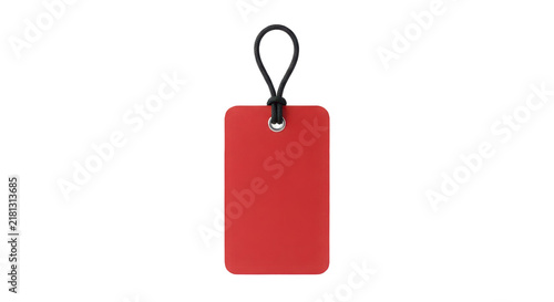 Blank red luggage tag with black loop isolated on white background for travel branding