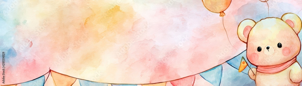 Obraz premium A cute watercolor teddy bear holding a balloon with colorful triangular flags hanging on a string against a soft pastel sky background, hand drawn kid friendly background