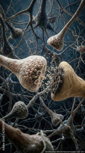 Neuron visualizes complex thought process, synaptic communication transmits cognitive thinking, neurotransmitter chemical like serotonin dopamine oxytocin regulates brain function.