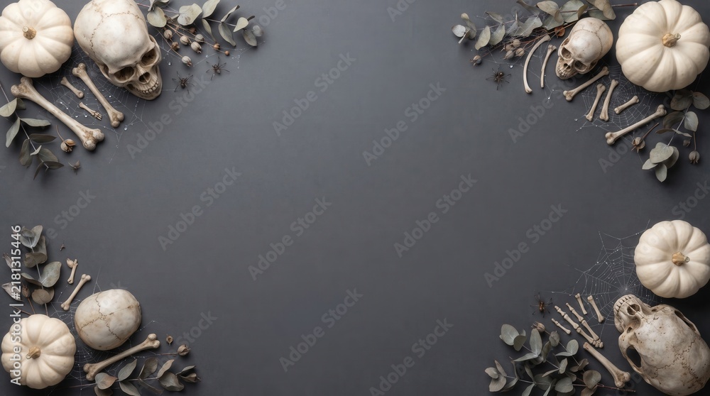 Obraz premium A flat lay top view of a Halloween themed background featuring white pumpkins, human skulls, scattered bones, dried eucalyptus branches, and spider webs arranged on a dark grey surface for a spooky.