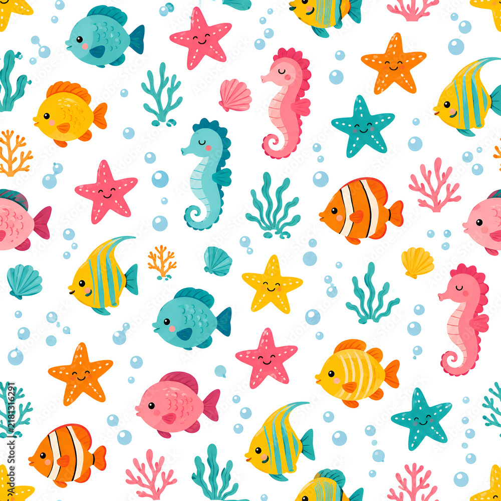 Fototapeta premium Seamless Sea Creatures Pattern with Fish, Starfish and Seahorse on White Background
