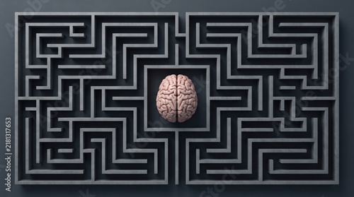 Obraz na płótnie Human brain positioned inside a complex maze, symbolizing mental challenges, problem solving, decision making, cognitive processes, psychology, intelligence and navigating difficult situations