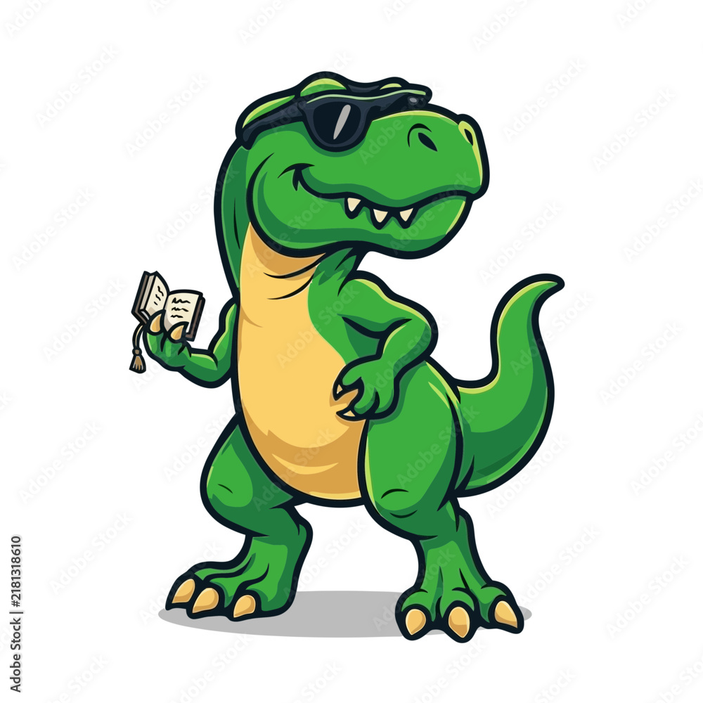 Obraz premium Cool Green Cartoon Dinosaur Character Holding Smartphone with Confident Pose.