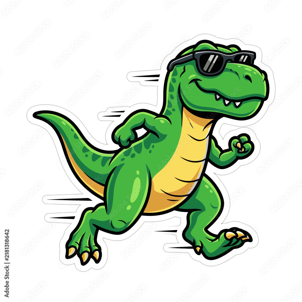 Obraz premium Cool Green Dinosaur Running With Sunglasses.