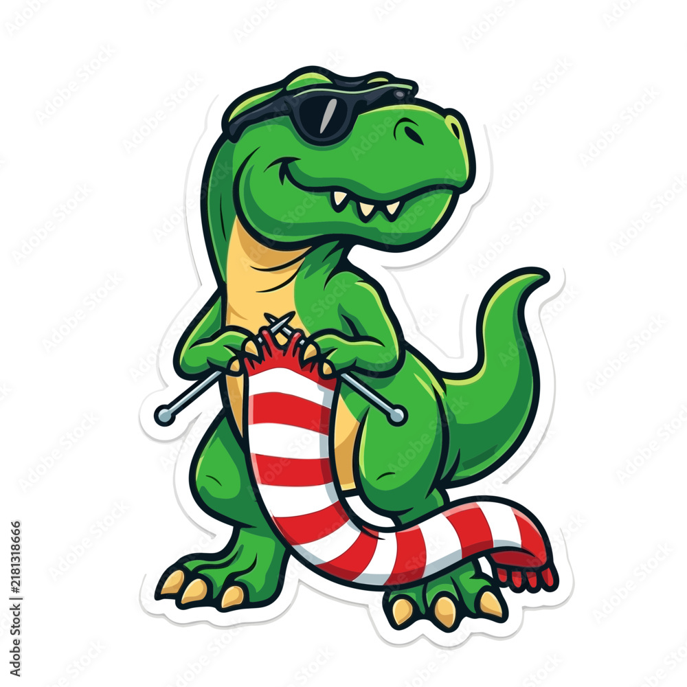 Obraz premium Cute Green Dinosaur Wearing Red White Striped Shorts.