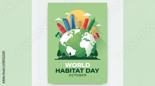 Vibrant green planet earth illustration featuring colorful modern city skyline buildings under a sunny sky for world habitat day event