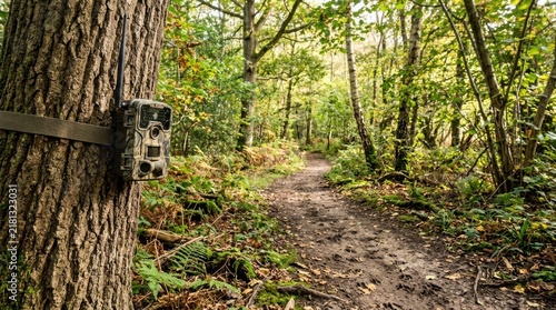 Trail Camera in Forest: A motion-activated trail camera is discreetly mounted on a tree trunk along a winding path in a vibrant forest.